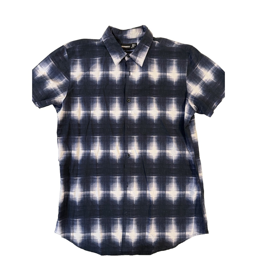 J Ferrar Shirt Mens‎ Medium Blue White Plaid Short Sleeve Slim Fit Thick Y2K